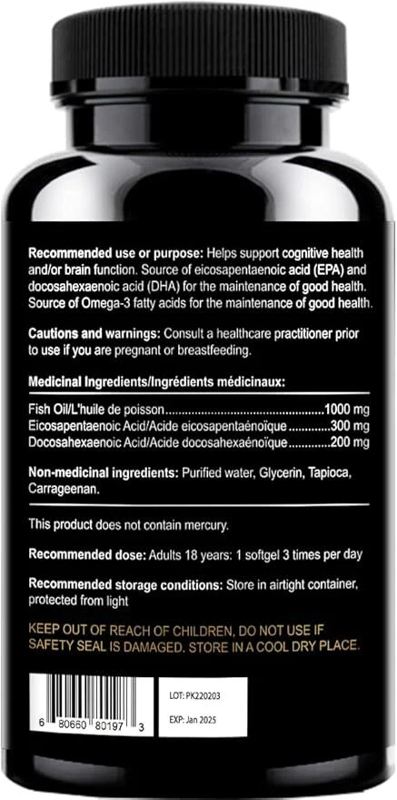 Omega 3 Fish Oil Supplements Canada - Halal, Fish Gelatin Softgel Capsule,  Gluten Free, EPA/DHA Supplement - 1000 mg - 90 softgel - Image 2