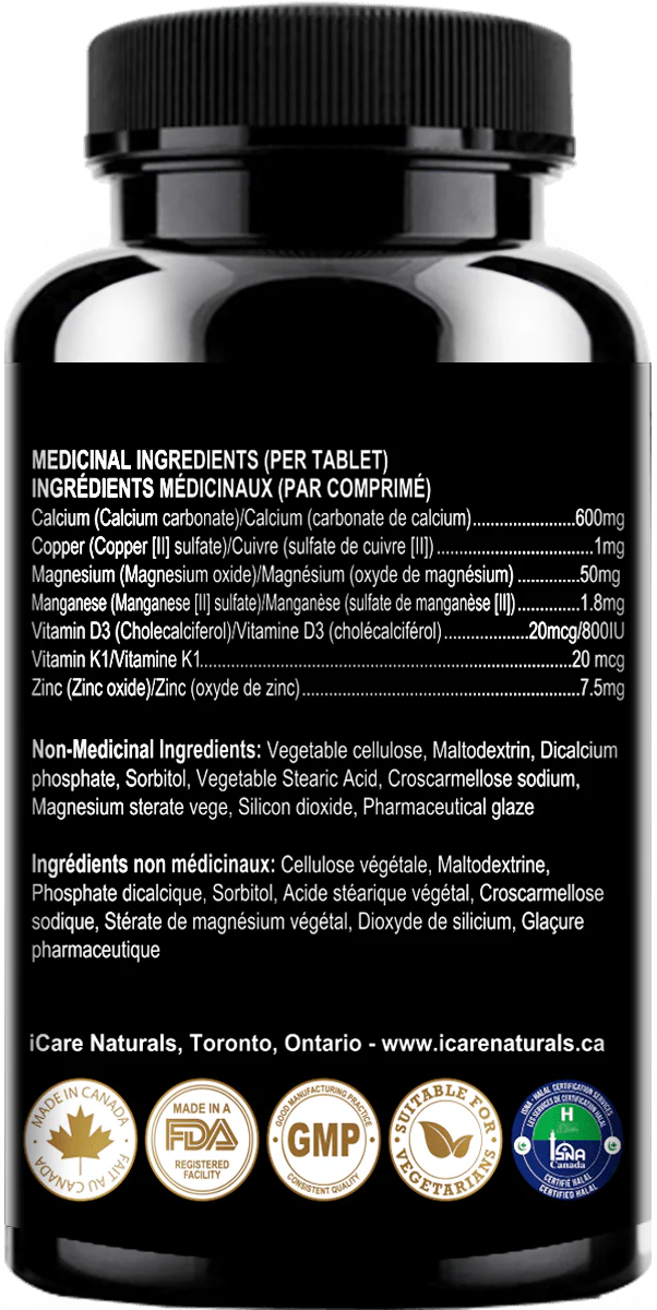 Supplements for BONES - Bone Strength (iBone Plus) Hair, Nails & Skin Support - with Calcium, Magnesium, Zinc, Vitamin D3, K1, Plus. Halal, Gluten-Free, Gelatin-Free - 60 Tablets. - Image 2